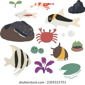 Illustration of Tropical aquarium doodle. Including fish, plants, snails,bubble shrimp, crab and rocks.