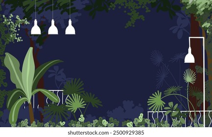 Ilustración de un fondo tropical con plantas y linternas sobre un fondo azul oscuro