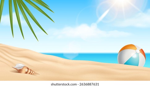 Illustration of tropical beach. Bright colors. Features shell on sand, colorful beach ball, palm leaves with blue ocean backdrop. Ideal for vacation themes.