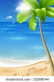 Illustration of a tropical beach with palm trees and sun