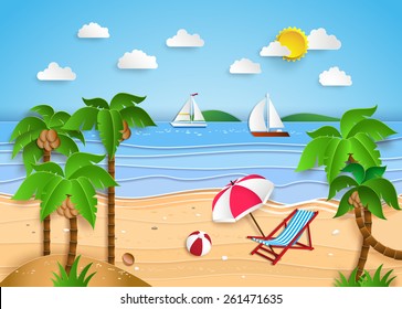 illustration of tropical beach. paper art style.