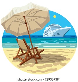illustration of tropical beach resort and ocean cruise ship