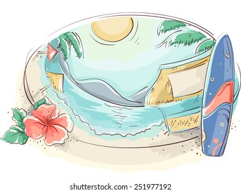 Illustration of a Tropical Beach With a Surfboard and a Hibiscus on the Side