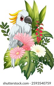 Illustration of a tropical bird surrounded by colorful exotic flowers