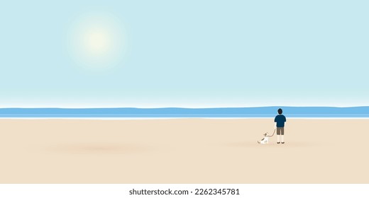 Illustration of tropical blue sea, sand beach and sun background with man and his dog. Landscape of coast beautiful sea shore beach on good sunny day flat design illustration.