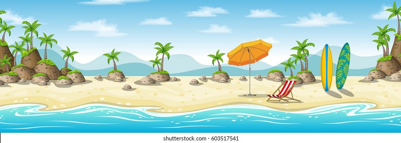 Illustration of a tropical coastal landscape with deckchair, umbrella and surfboard