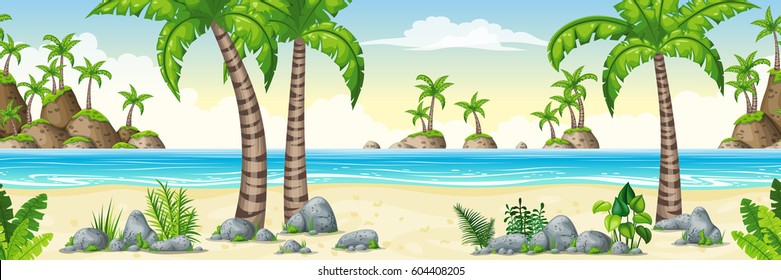 Illustration of a tropical coastal landscape, panorama