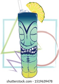 Illustration of a Tropical Cocktail in a colorful Tiki Mug garnished with slice of pineapple.