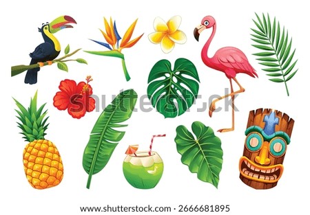 Illustration of tropical elements, including a toucan, bird of paradise, hibiscus, pineapple, flamingo, tiki mask, and leaves. Vector cartoon