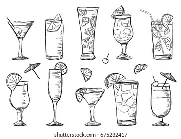 Illustration of tropical exotic cocktails, doodle style