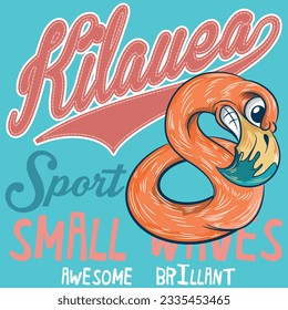 Illustration tropical of flamingo with text Kilawea sport small waves sport patchwork embroidered. 
