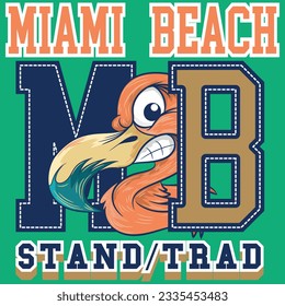 Illustration tropical of flamingo with text Miami Beach Performance patchwork embroidered. spring summer