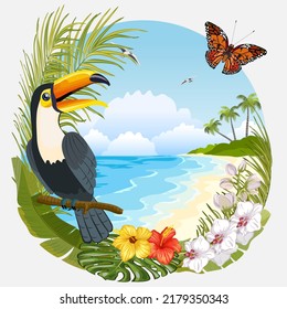 Illustration with tropical flora and fauna.Vector illustration with toucan and tropical plants on the background of the sea coast.