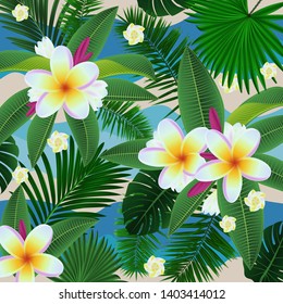 Illustration of tropical floral card template with plumeria flowers and palm leaves
