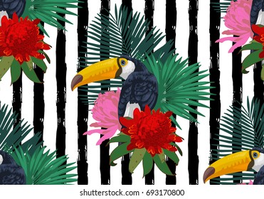 illustration Tropical floral summer seamless pattern with palm leaves, flowers and toucan birds on striped background