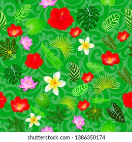 Illustration of tropical flowers and leaves seamless pattern