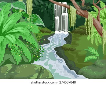 Illustration of a Tropical Forest with a Waterfall in the Middle