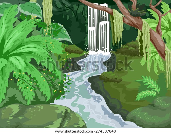 Illustration Tropical Forest Waterfall Middle Stock Vector (Royalty ...