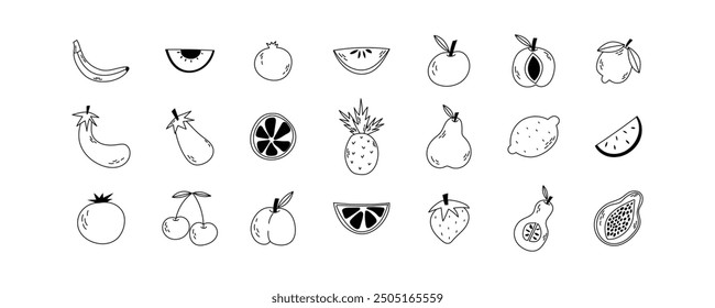 Illustration of tropical fruits hand drawn sketch, various fruit line art. Funny bright stickers Trendy modern vector illustration, hand drawn, flat design. Square colorful icons.