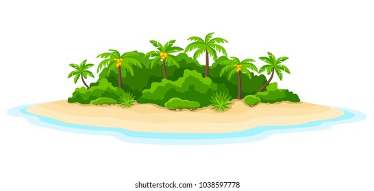 Illustration of tropical island in ocean. Landscape with ocean and palm trees. Travel background.