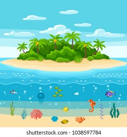 Illustration of tropical island in ocean. Landscape with ocean, palm trees and underwater life. Travel background.