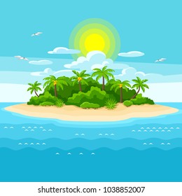 Illustration Of Tropical Island In Ocean. Landscape With Ocean And Palm Trees. Travel Background.