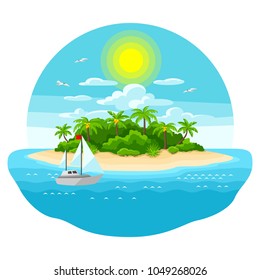 Illustration of tropical island in ocean. Landscape with ocean, palm trees and yacht. Travel background.