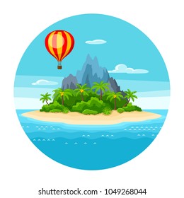 Illustration of tropical island in ocean. Landscape with hot air balloon, palm trees and rocks. Travel background.