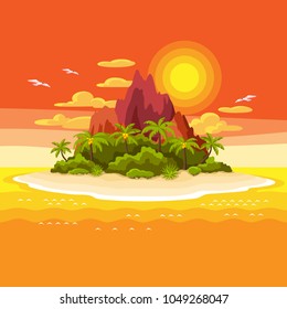 Illustration of tropical island in ocean. Landscape with ocean, palm trees and rocks. Travel background.