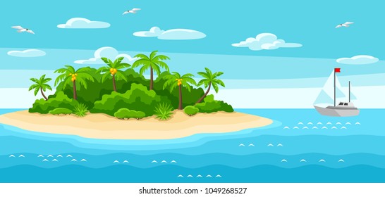 Illustration of tropical island in ocean. Landscape with ocean, palm trees and yacht. Travel background.