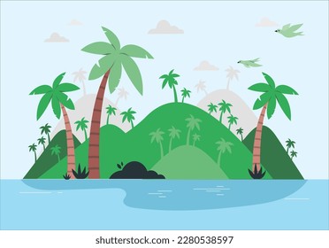 Illustration of tropical island in ocean. Landscape with ocean and palm trees. Whole uninhabited and wild subtropical isle with palm trees within atoll in Indian Ocean in a summer day.