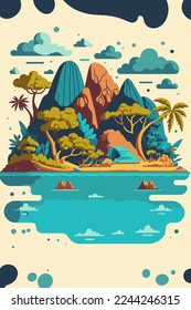 illustration of Tropical island in ocean with mountain and palm trees isolated background in vector flat color style