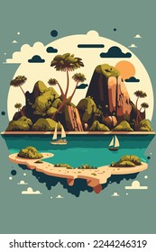 illustration of Tropical island in ocean with mountain and palm trees isolated background in vector flat color style