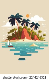 illustration of Tropical island in ocean with mountain and palm trees isolated background in vector flat color style