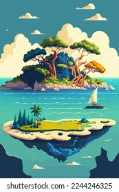 ilustración de la isla tropical en el océano con árboles de montaña y palmeras aisladas fondo en el estilo vectorial de color plano