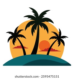Illustration of a tropical island with Palm tree and sunset on white background