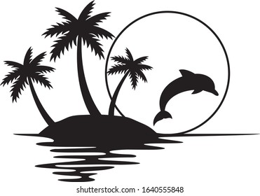 Illustration of tropical island with palms, sunset and dolphin (summer design)