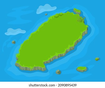 Illustration of tropical island in sea. Landscape with ocean and green piece of land. Travel background with blue water and beautiful nature in sunny summer time flat isometric vector top view