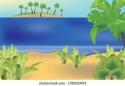 illustration of a tropical landscape sandy beach, palm trees, tropical vegetation, blue ocean, an island with palm trees in the distance,