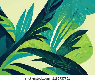 Ilustración de hojas tropicales. Ambiente de playa, ambiente de verano.