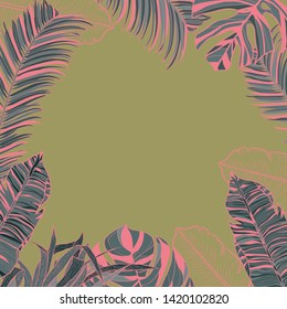 Illustration of tropical leaves of palm and monstera leaves