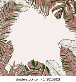 Illustration of tropical leaves of palm and monstera leaves