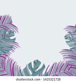 Illustration of tropical leaves of palm and monstera leaves
