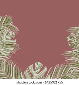 Illustration of tropical leaves of palm and monstera leaves