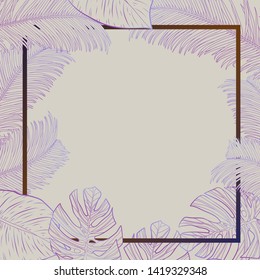 Illustration of tropical leaves of palm trees and monstera leaves in a square frame