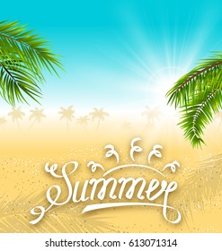Illustration Tropical Nature Background with Palm Leaves and Beach. Lettering Text. Template of Poster for Vacation - Vector