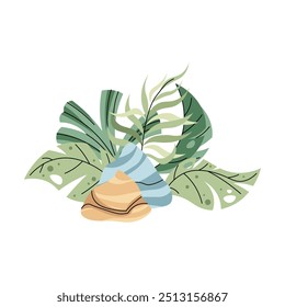 Illustration of tropical plants with stones on white background. Illustration of exotic leaves in flat cartoon style. Children's plant illustration for design of clothes, wallpapers, greeting cards, e