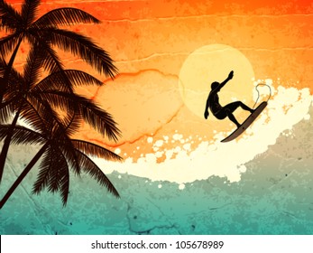  illustration of tropical sea, surfer and  palms at sunset