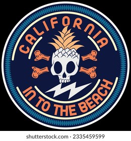 Illustration tropical skull with pineapple and umbrella  and text California Beach Long Board in to the beach Home is where the waves are.