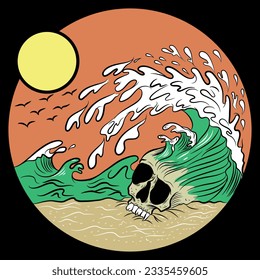Illustration tropical skull with pineapple and umbrella  and text California Beach Long Board in to the beach Home is where the waves are.